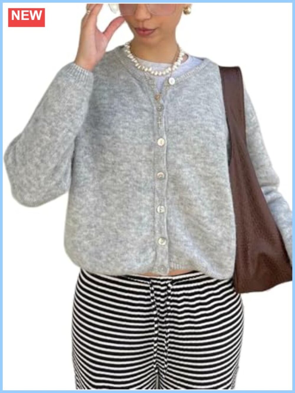 Women's Casual Tie Front Button Down Crewneck Soft Knit Cardigan Sweater